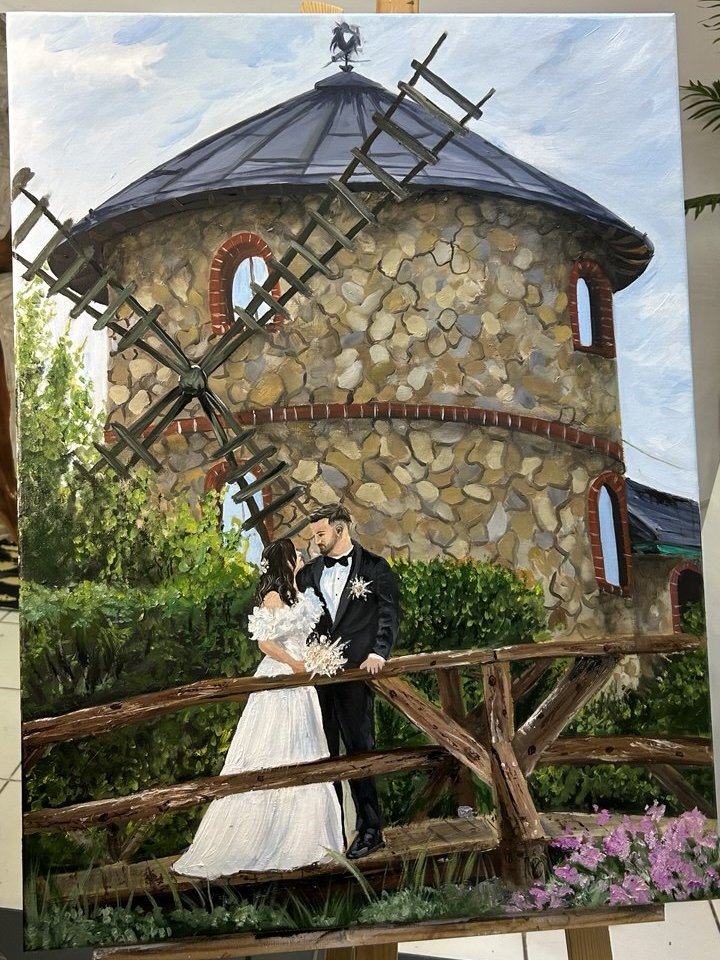 Wedding painting: the couple on a wooden bridge in front of a stone windmill, oil on canvas